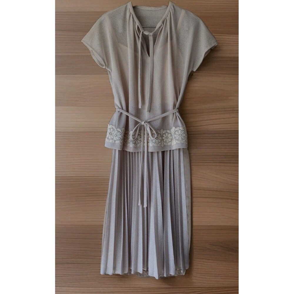 Marion McCoy 60s Mesh Lace 2 Pc Dress Set Pleated Skirt California M Beige